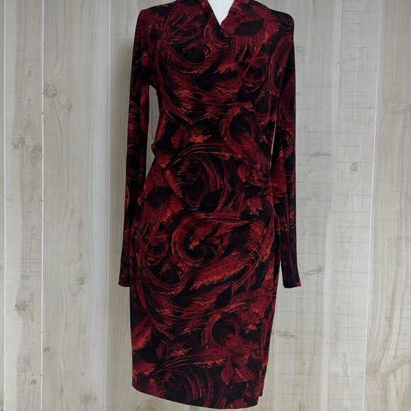 Norma Kamali Dresses & Skirts - Norma Kamali Red Black Faux Wrap Dress Stretch Bodycon Long Sleeve Chic Bold Art